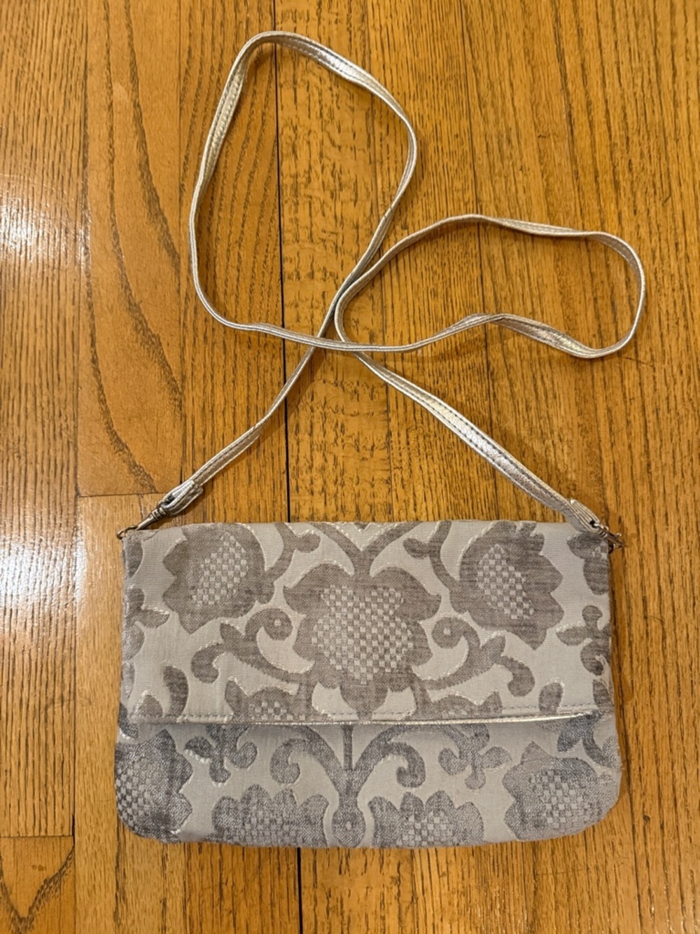 Silver Grey Floral Jacquard Shoulder Bag EUC